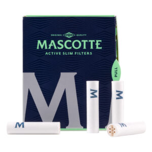Dunne actieve koolstoffilters 6mm van Mascotte in een doosje met 34 filter tips