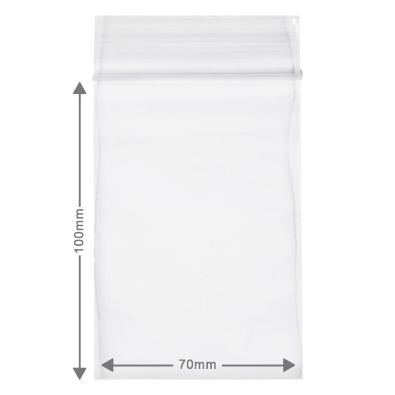 Kleine gripzakjes, ook wel ziplock bags genoemd hebben een afmeting van 7x10cm