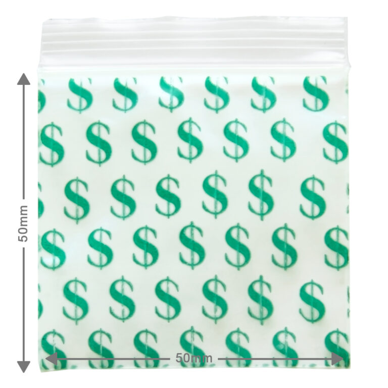 Kleine wietzakjes met Dollar print, ook ziplock bags genoemd hebben een afmeting van 5x5cm