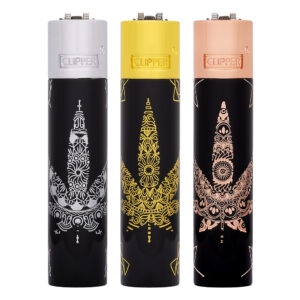 Clipper metalen aanstekers met Yantra Weed print met gouden, zilveren en koper kleur wietblad
