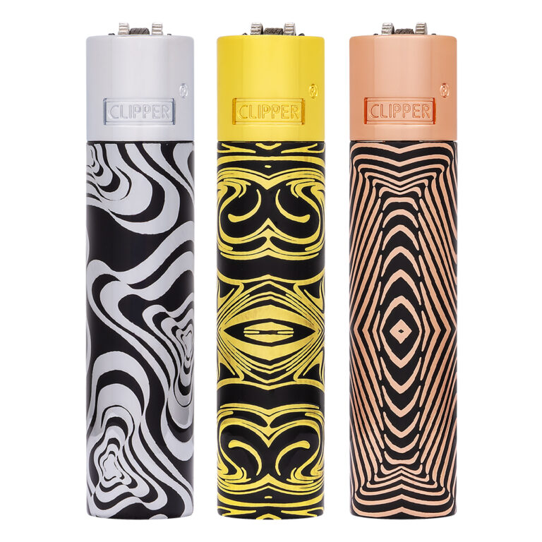 Clipper metalen aanstekers met Psychodelic Nightmare print met een gouden, zilveren of koper kleur psychedelisch patroon