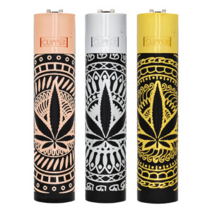 Clipper metalen aanstekers met Leaves Premium print met wietblad in silver, goud of koper patroon