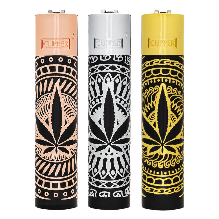 Clipper metalen aanstekers met Leaves Premium print met wietblad in silver, goud of koper patroon