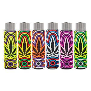 Herbruikbare Clipper aansteker in een pvc hoes met Circle Leaves print met wietplant in een psychedelisch cirkel patroon