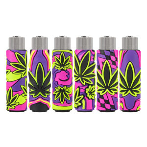 Herbruikbare Clipper aansteker in een pvc hoes met Neon Leaves print met wietblad in fluor kleuren