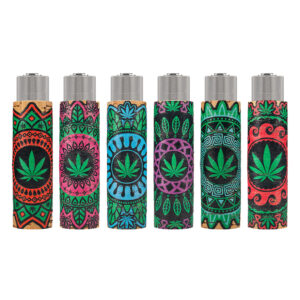 Herbruikbare Clipper aansteker in een kurk hoes met Mandala Leaves print met wietblad