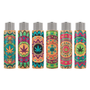 Herbruikbare Clipper aansteker in een kurk hoes met Mandala print met wietblad in lichte kleuren