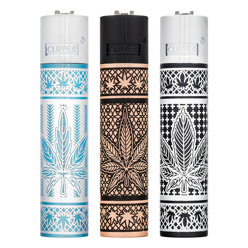 Clipper aansteker metaal Good Grass Clipper metalen aanstekers met Good Grass print met wietblad patroon in zilver, blauw, zwart en koper kleur