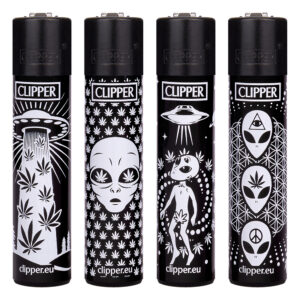 Navulbare, grappige aansteker van Clipper met 420 Aliens #2 print in zwart-wit