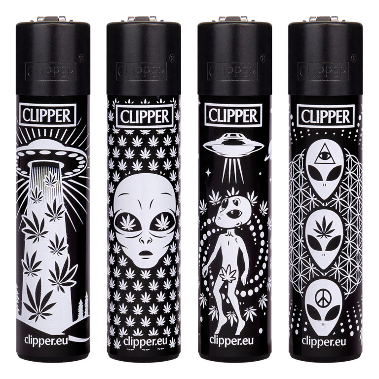 Navulbare, grappige aansteker van Clipper met 420 Aliens #2 print in zwart-wit