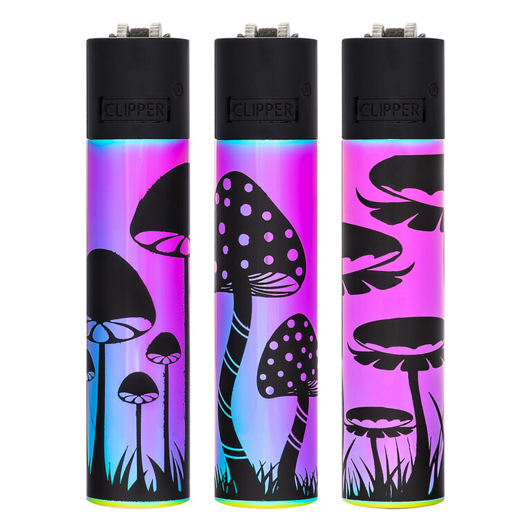 Clipper metalen aanstekers met Icy Mushrooms print met paddo's in olie kleuren
