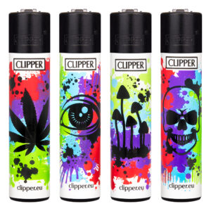 Clipper navulbare aansteker met Splatter Assorti Symbols print met wietblad, paddo's en schedel