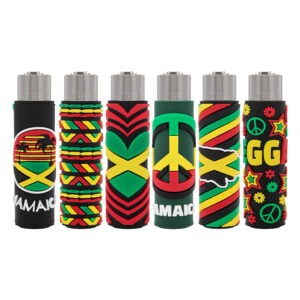 Herbruikbare Clipper aansteker in een pvc hoes met Hello Jamaica print in rasta kleuren