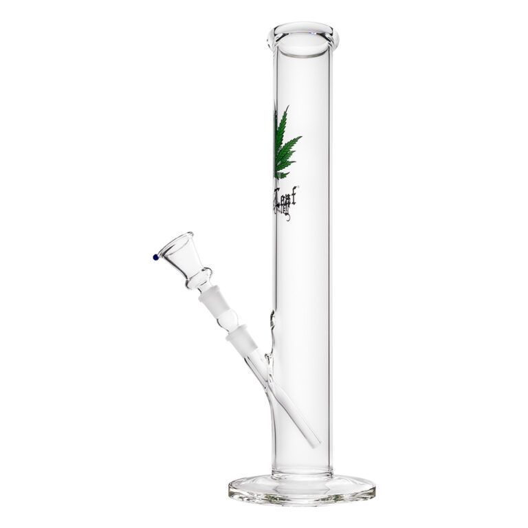 Glazen bong G52M is 40cm hoog en gemaakt van sterk glas met een wietblad en het Black Leaf logo