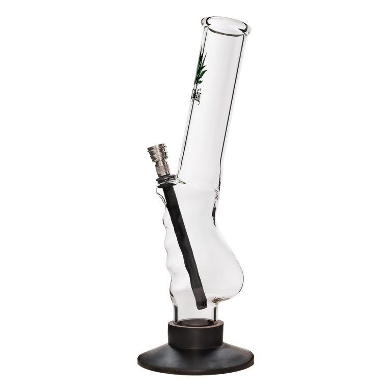 Waterpijp Joystick GR53M is een bong van sterk glas met een wietblad en het Black Leaf logo.