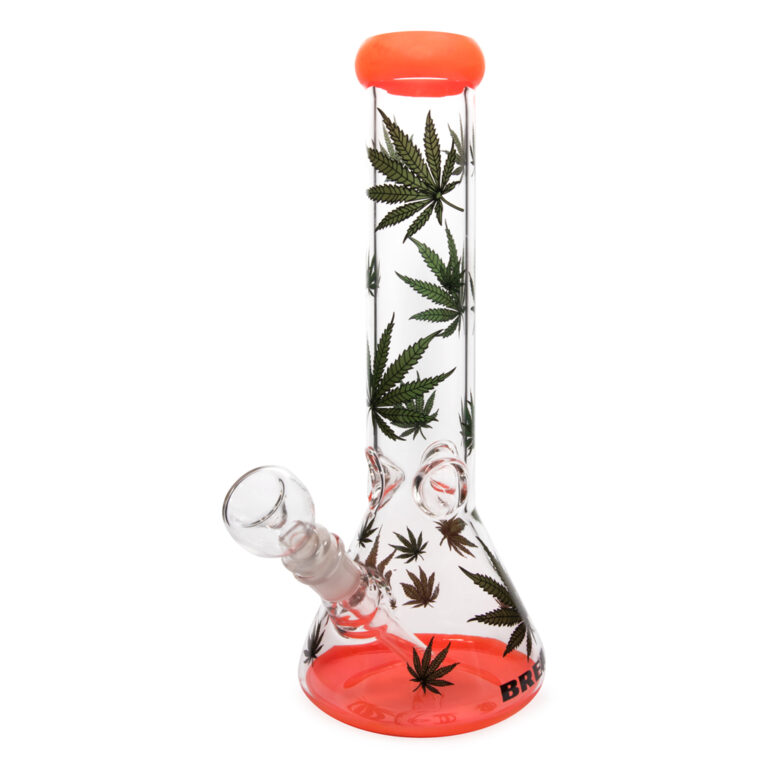 Glazen ice bong Flask 30cm Leafs is een ijsbong van glas met een wietblad print
