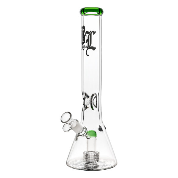 Beaker Ice bong drum Percolator 40cm groen is voorzien van een perc en het Black Leaf logo