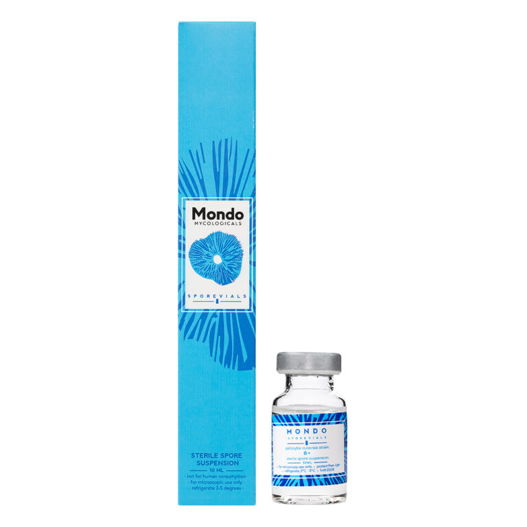 Paddo sporenflesje B+ met sporenspuit met sporen van de magic mushroom Psilocybe Cubensis B+.