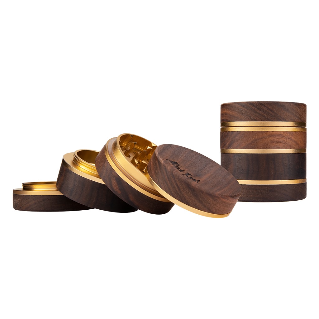 Notenhouten aluminium grinder goud 4-delig 63 mm geopend