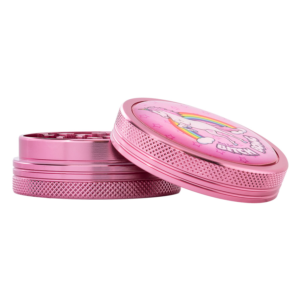 Bitch Bong aluminium wiet grinder 50 mm roze 2-delig geopend
