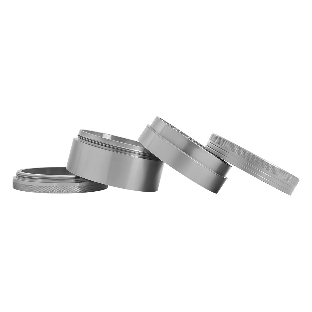 Mega aluminium grinder 88 mm zilver uit elkaar zijaanzicht