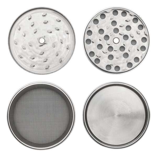 Mega aluminium grinder 88 mm zilver onderdelen bovenaanzicht