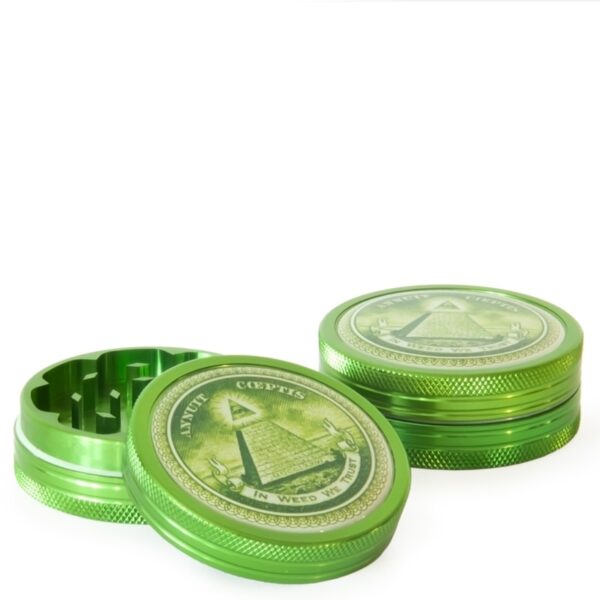 Black Leaf In Weed We Trust metalen grinder 2-delig 50 mm groen geopend
